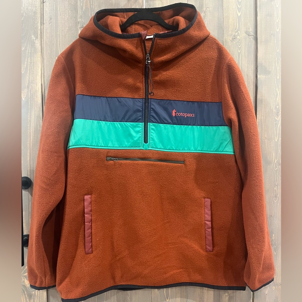 Cotopaxi Men’s Rust Fleece Pullover Hoodie with Teal & Navy Accent
